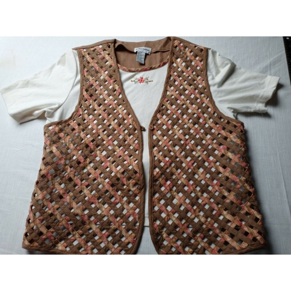ALFRED DUNNER 1 PC BEIGE BROWN SHORT SLEEVE BLOUSE VEST COMBO TOP PLUS SIZE 12